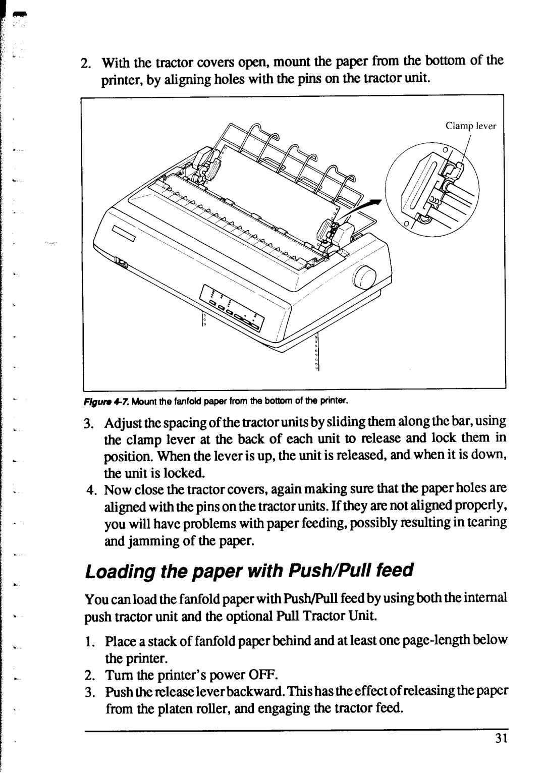 Star Micronics XR-1520, XR-1020 manual Loading the paper with Push/Pull feed 