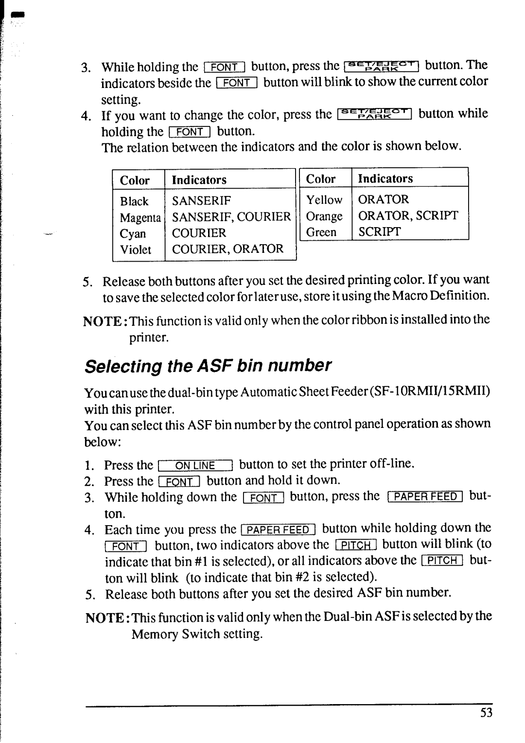 Star Micronics XR-1520, XR-1020 manual Selecting the ASF bin number, Color Indicators 