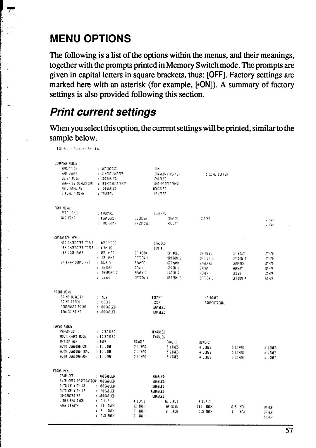 Star Micronics XR-1520, XR-1020 manual Print current settings, Menu Options 
