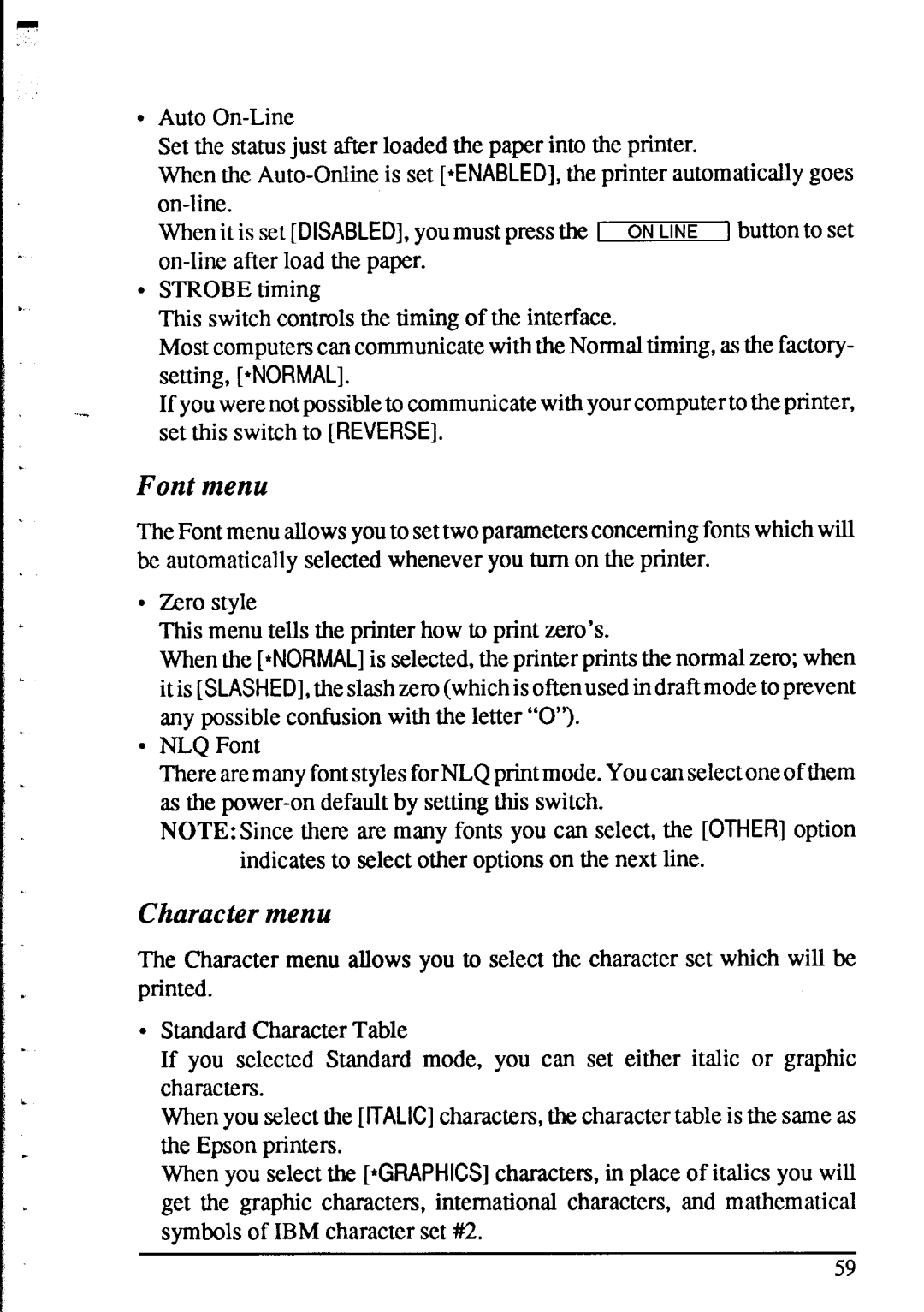 Star Micronics XR-1520, XR-1020 manual Font menu, Character menu 