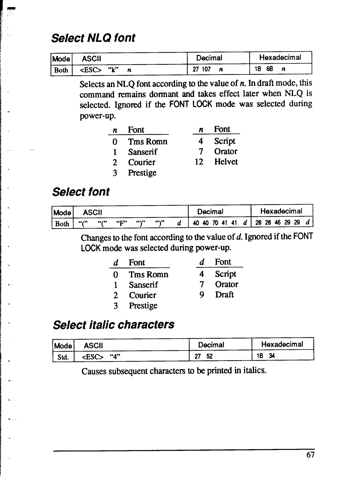 Star Micronics XR-1520, XR-1020 manual Se/ect NLQ font, Select font, Select italic characters, cESC7 “lc” n 