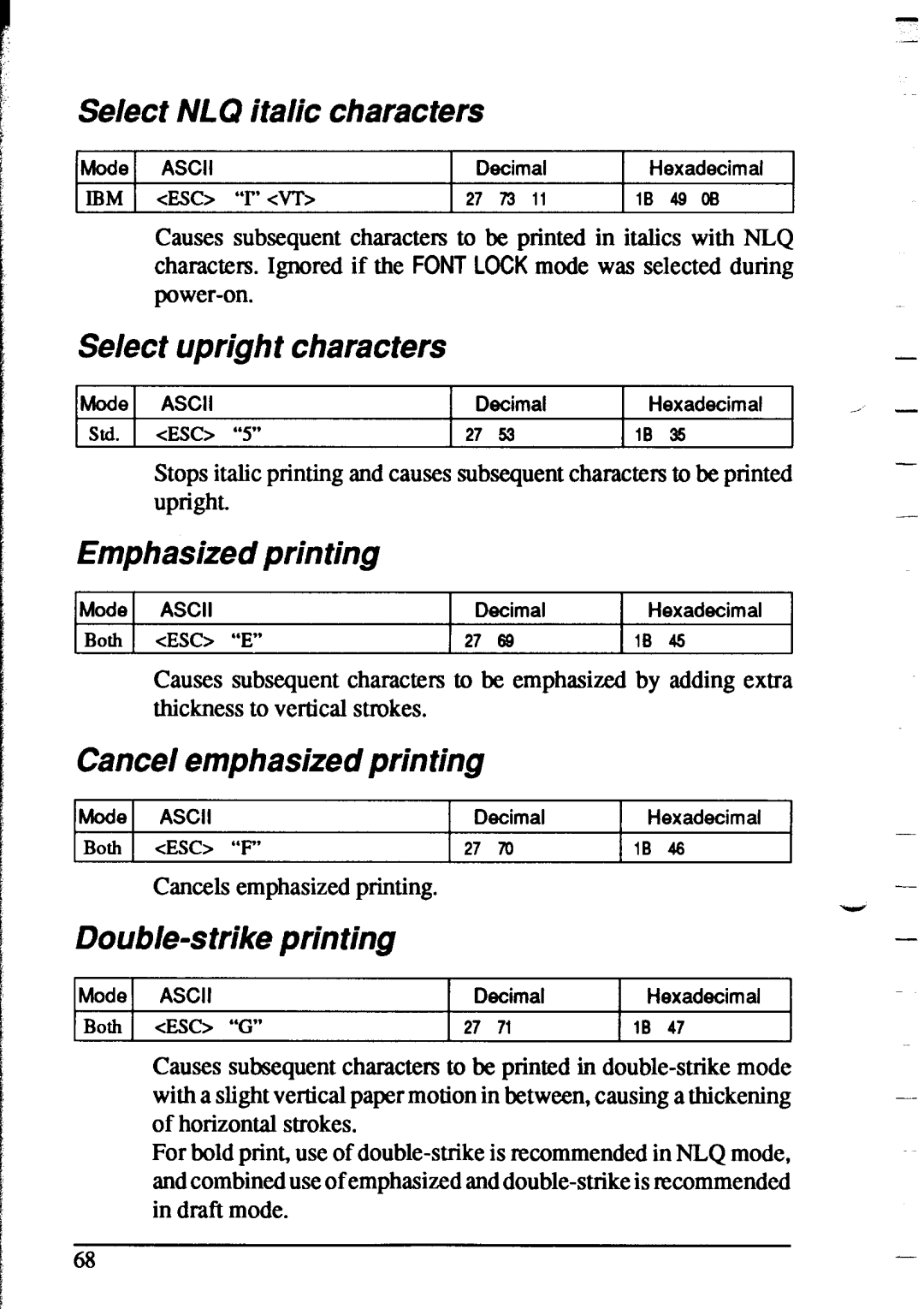 Star Micronics XR-1020 Select NLQ italic characters, hlodeI ASCII, Select upright characters, Mode ASCII, Double-strike 