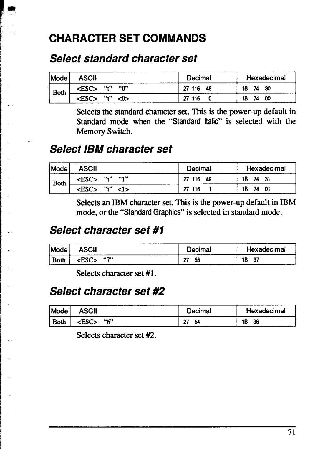 Star Micronics XR-1520, XR-1020 manual Character Set Commands, Select standard character set, Select IBM character set 