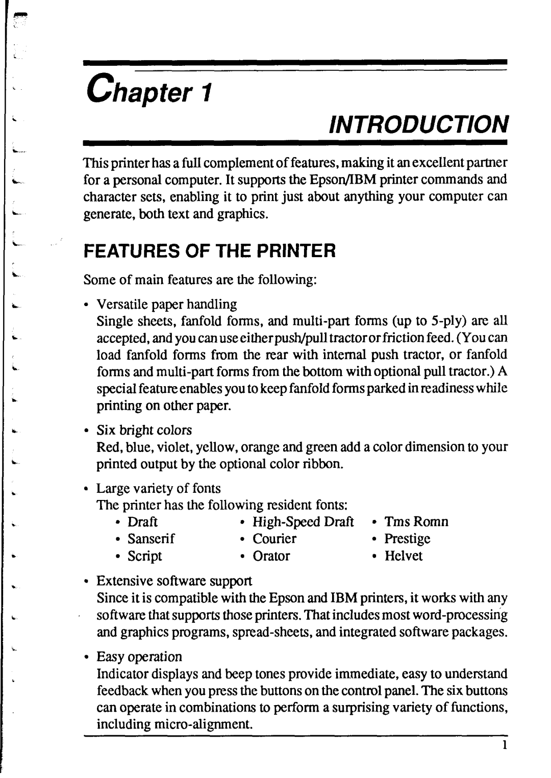 Star Micronics XR-1520, XR-1020 manual Chapter, Introduction, Features Of The Printer 