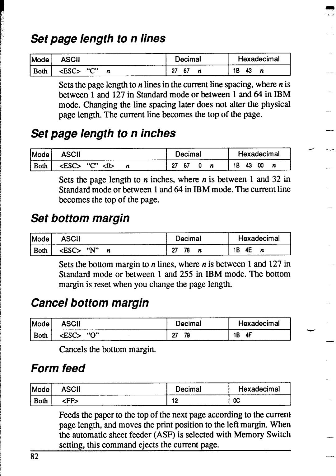 Star Micronics XR-1020 Set page length to n lines, Set page length to n inches, Set bottom margin, Cancel bottom margin 