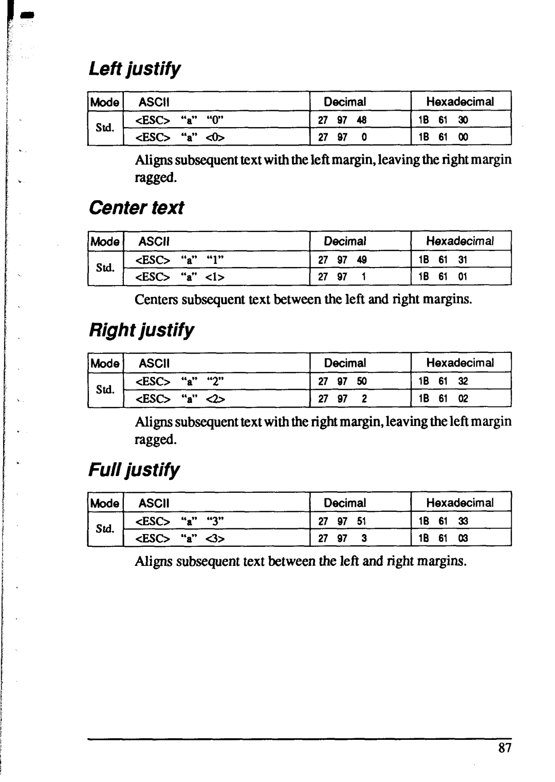 Star Micronics XR-1520, XR-1020 manual Left justify, Center text, Right justify, Full justify, Aligns subsequent 