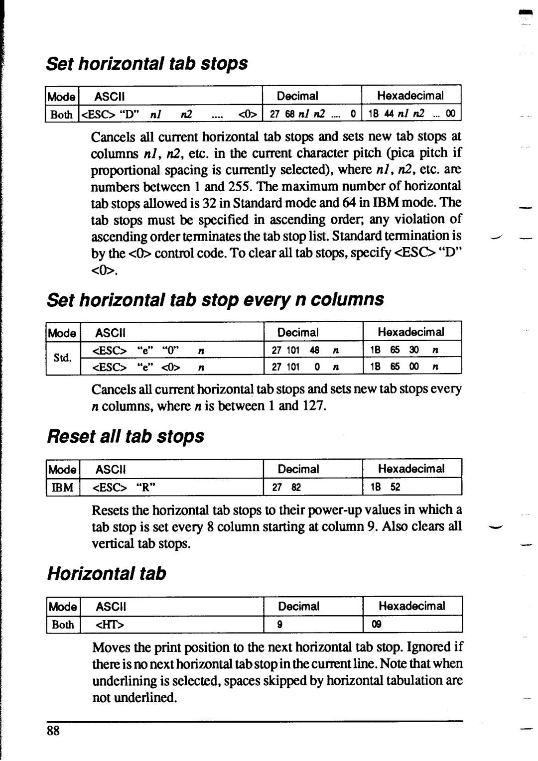 Star Micronics XR-1020, XR-1520 Set horizontal tab stops, Set horizontal tab stop every n columns, Reset all tab stops 