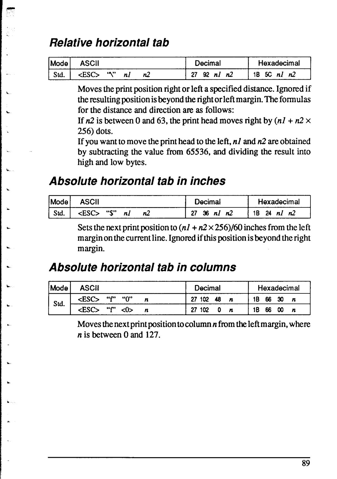 Star Micronics XR-1520 Relative horizontal tab, Absolute horizontal tab in inches, Absolute horizontal tab in columns 