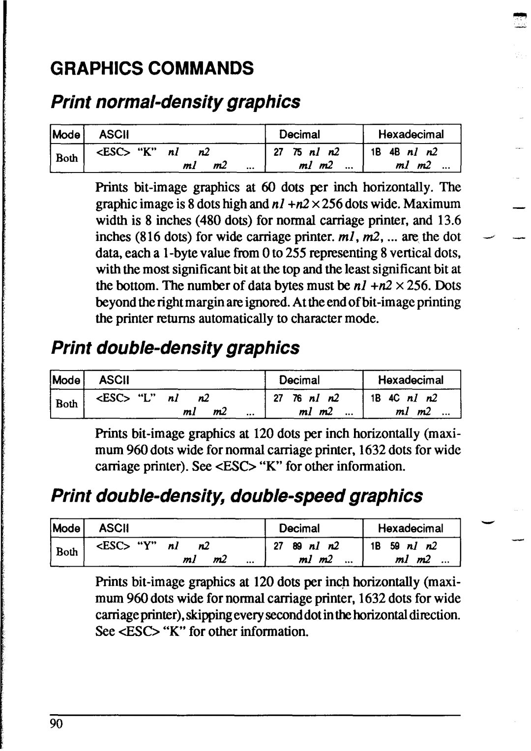Star Micronics XR-1020, XR-1520 manual Print normal-density graphics, Print double-density graphics, Graphics Commands 