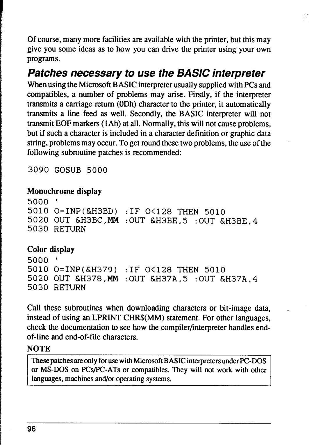 Star Micronics XR-1500, XR-1000 Patches necessary to use the BASIC interpreter, Monochrome display, Color display 