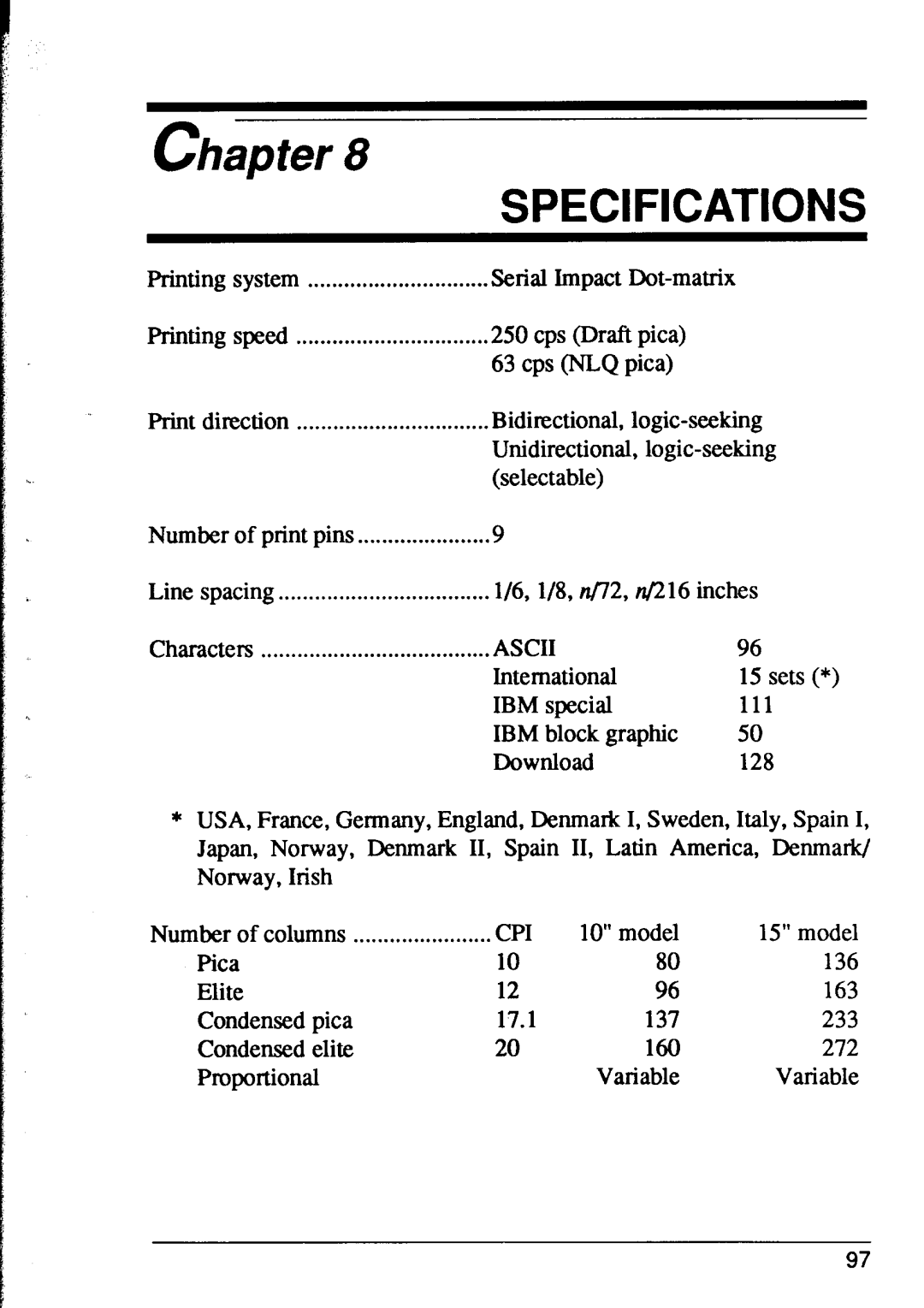 Star Micronics XR-1000, XR-1500 user manual Specifications, chapter 