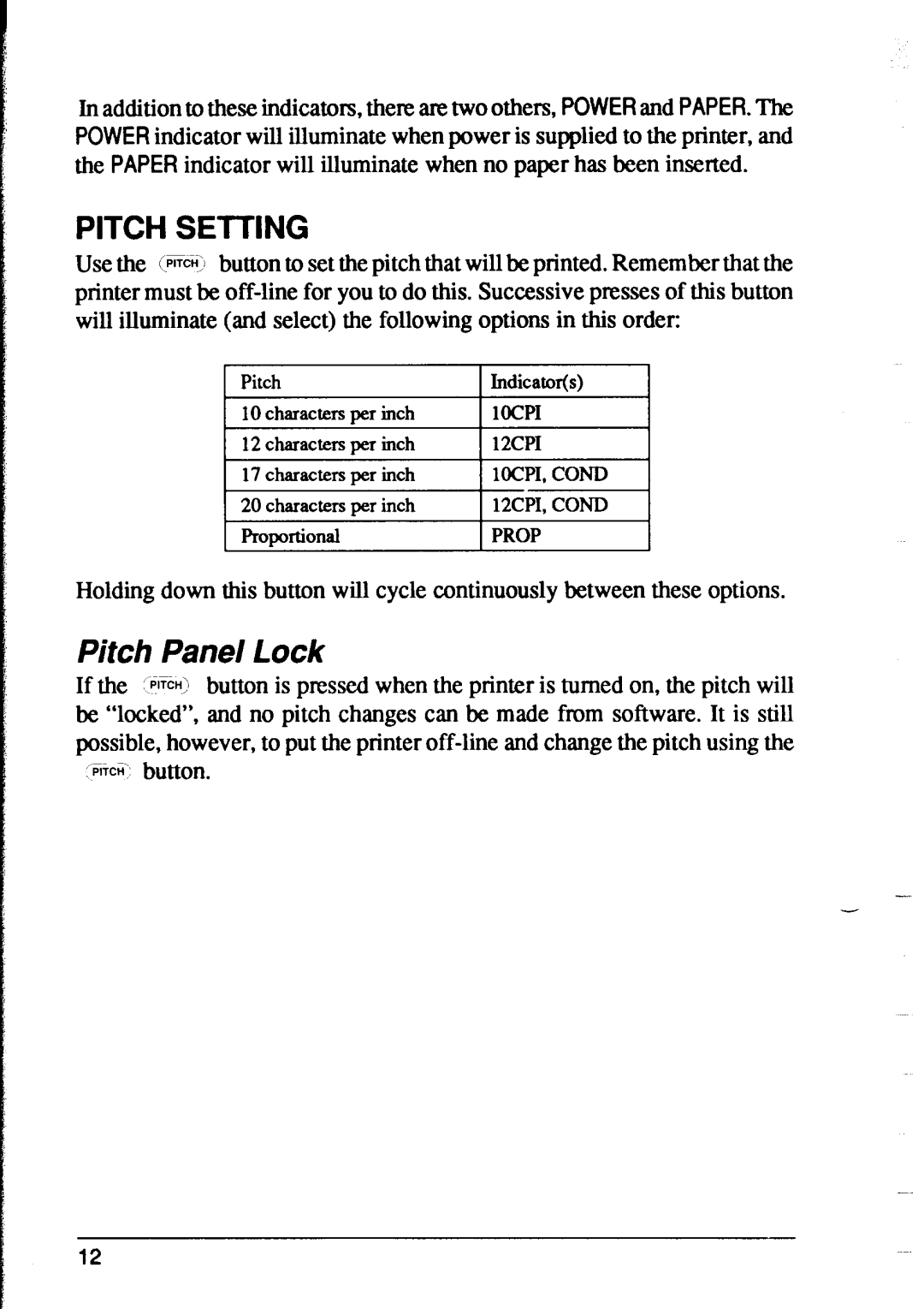 Star Micronics XR-1500, XR-1000 user manual Pitch Setting, Pitch Pane/ Lock 