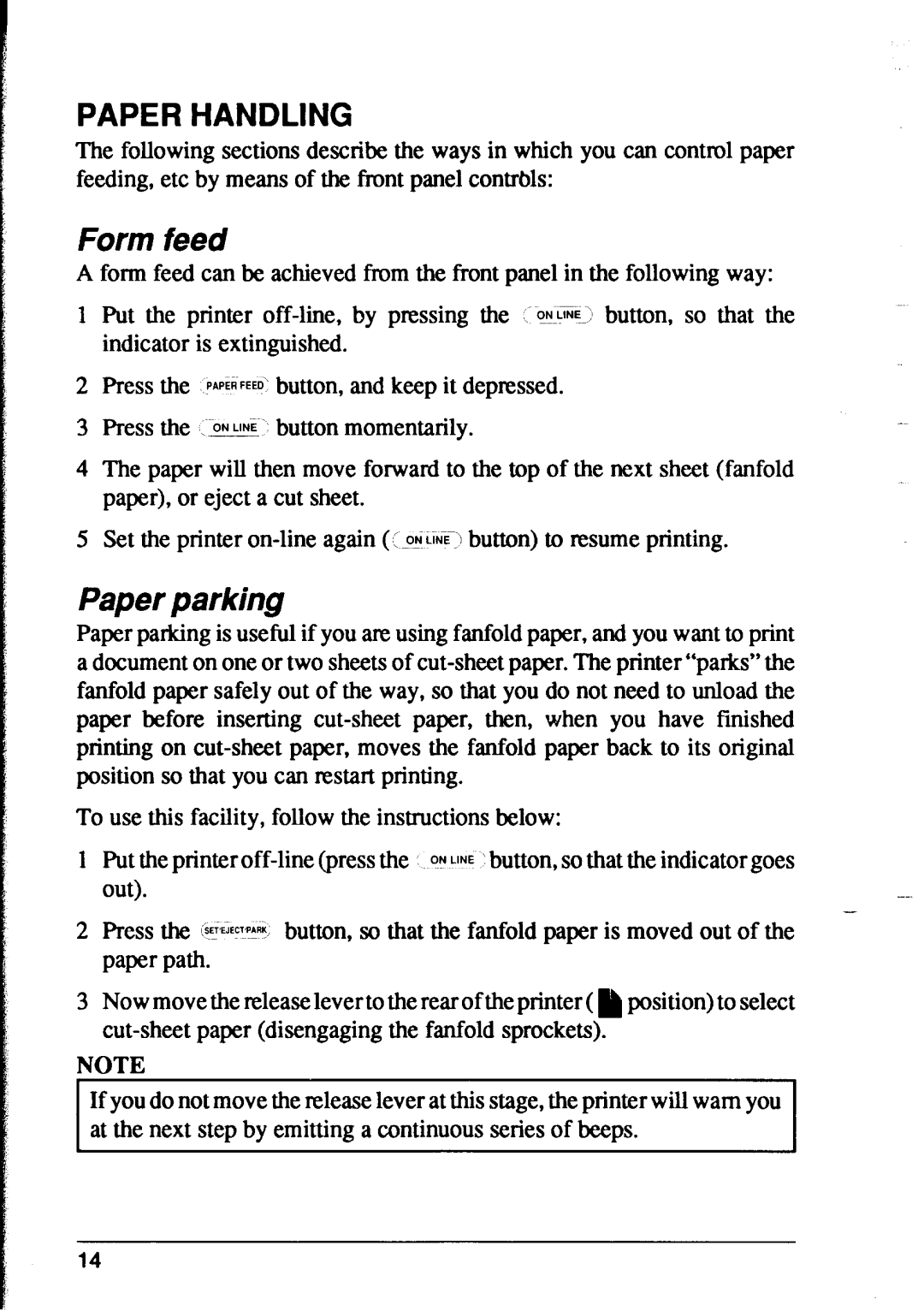 Star Micronics XR-1500, XR-1000 user manual Paper Handling, Form feed, Paper parking 