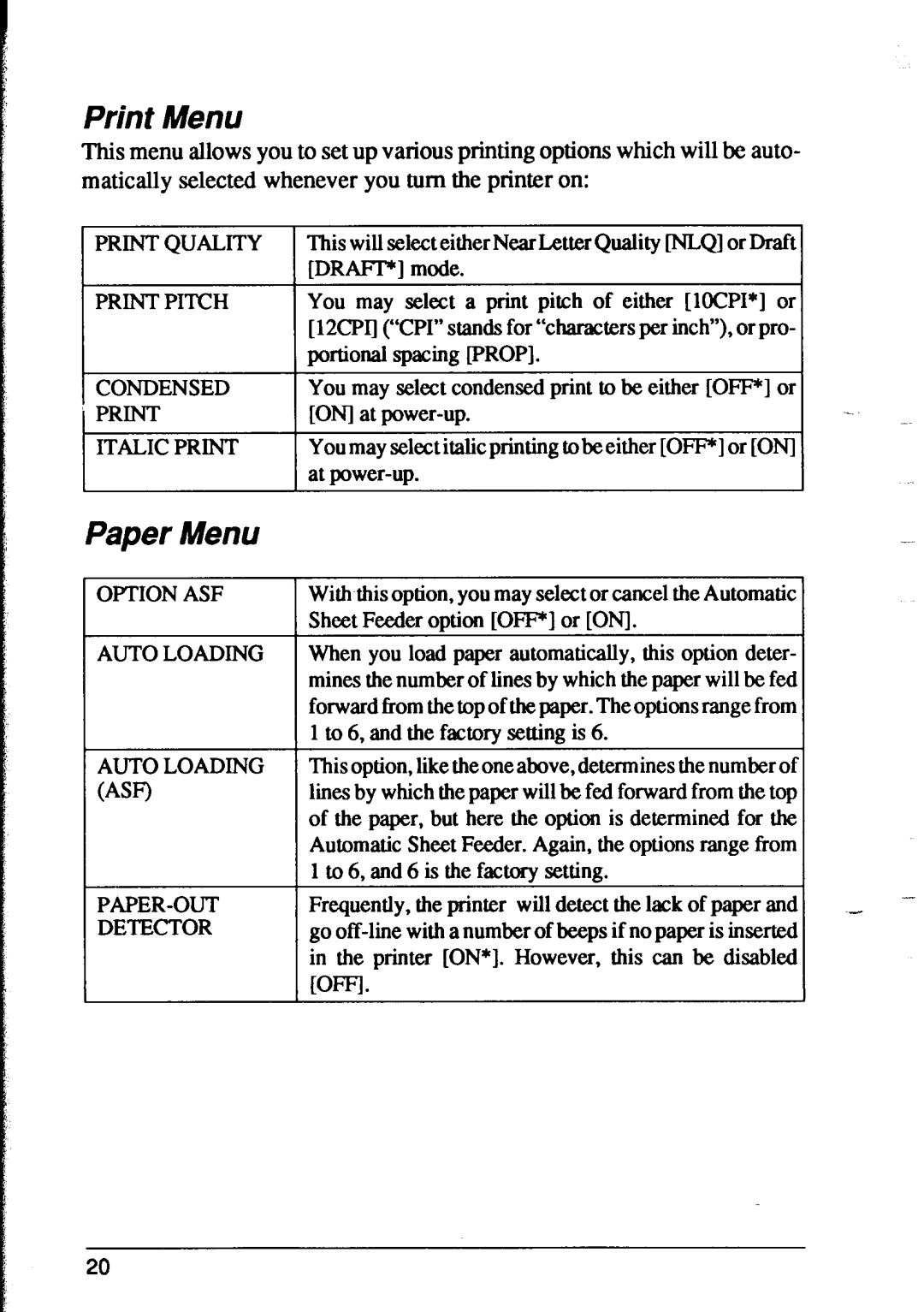 Star Micronics XR-1500, XR-1000 user manual Print Menu, Paper Menu 