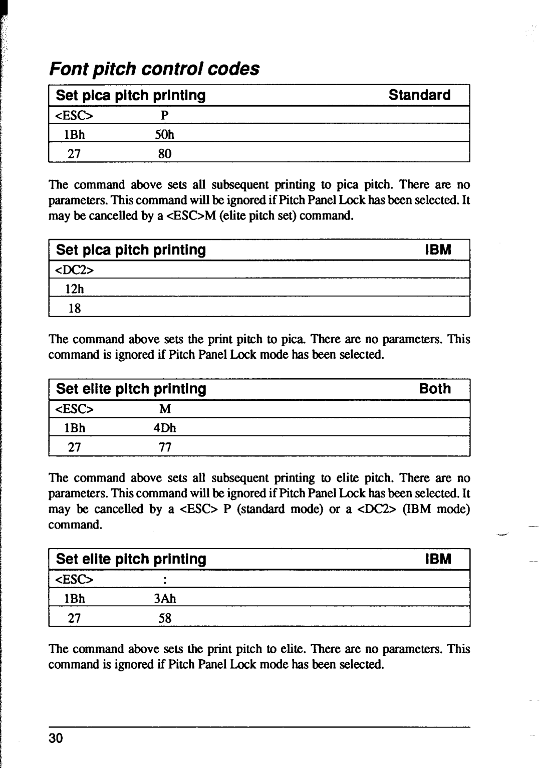 Star Micronics XR-1500 Font pitch control codes, Set pica pitch printing, 1Set elite pitch printing, Standard, Both 
