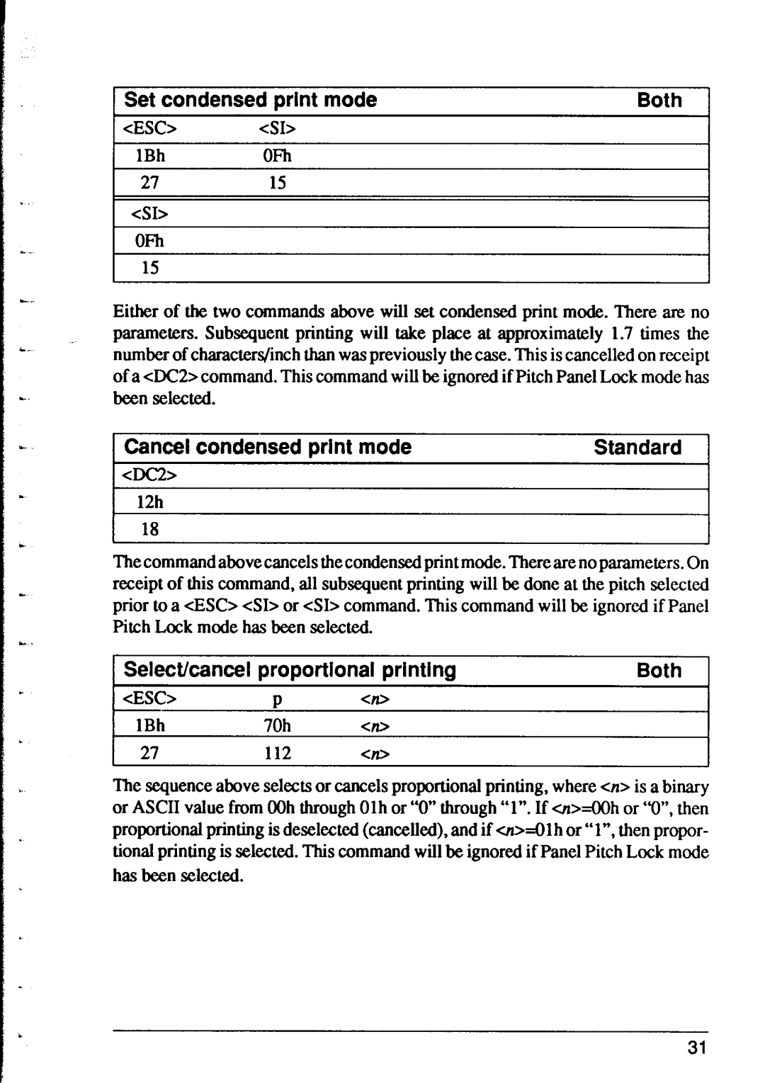 Star Micronics XR-1000 Set condensed print mode, 1Cancel condensed print mode, Select/cancel, proportional printing, Both 