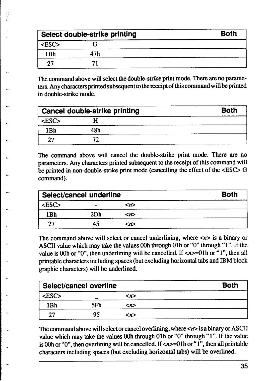 Star Micronics XR-1000 1Select double-strike printing, Cancel double-strike printing, underline, overline, Both, cEsc 