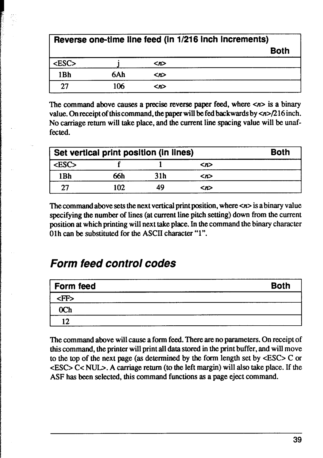 Star Micronics XR-1000 Form feed control codes, Reverse one-time line feed in l/216 inch increments Both, Form feedBoth t 
