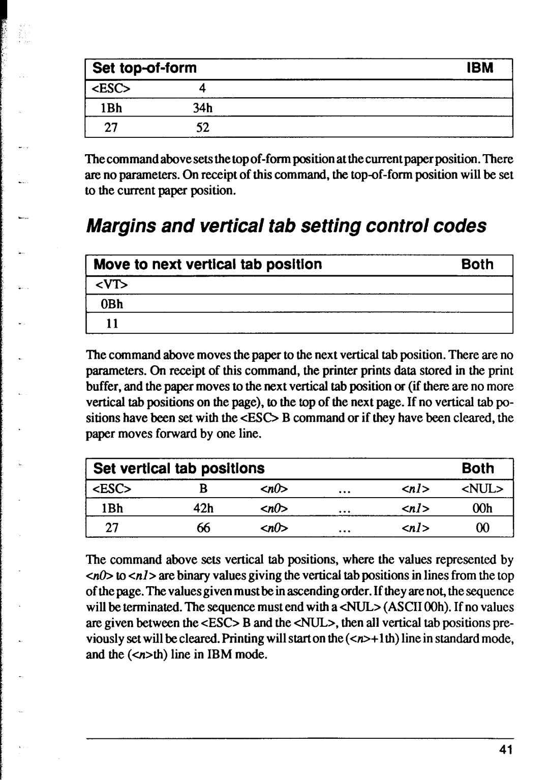 Star Micronics XR-1000 Margins and vertical tab setting control codes, Set top-of-form, I Vt, 1Set vertical tab positions 