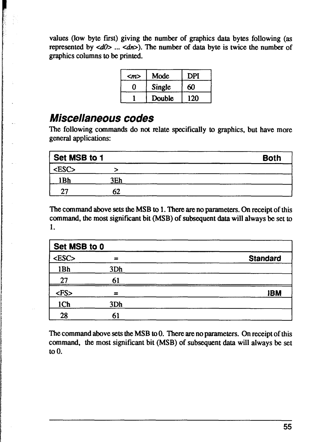 Star Micronics XR-1000, XR-1500 user manual Miscellaneous codes, 1Set MSB to, Both, Standard 