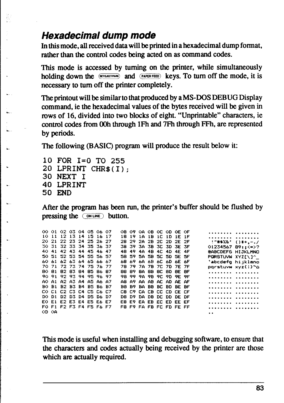 Star Micronics XR-1000, XR-1500 user manual Hexadecimal dump mode, Lprint Chr$I 