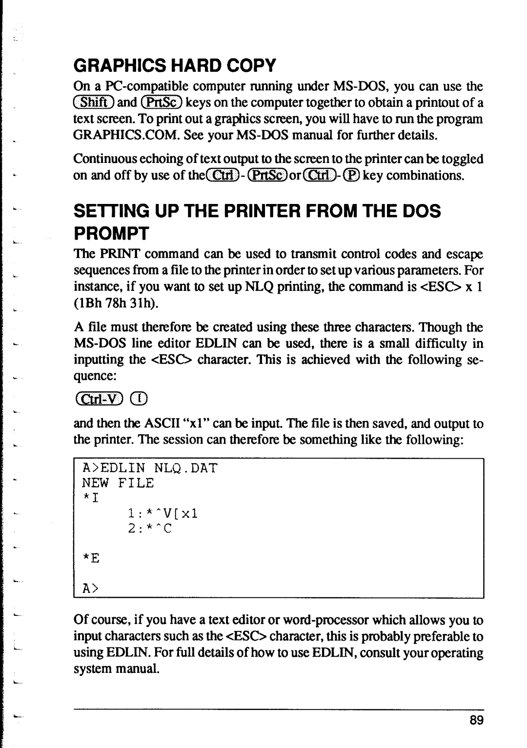 Star Micronics XR-1000, XR-1500 Graphics Hard Copy, Setting Up The Printer From The Dos Prompt, Aedlin Nlq.Dat New File 