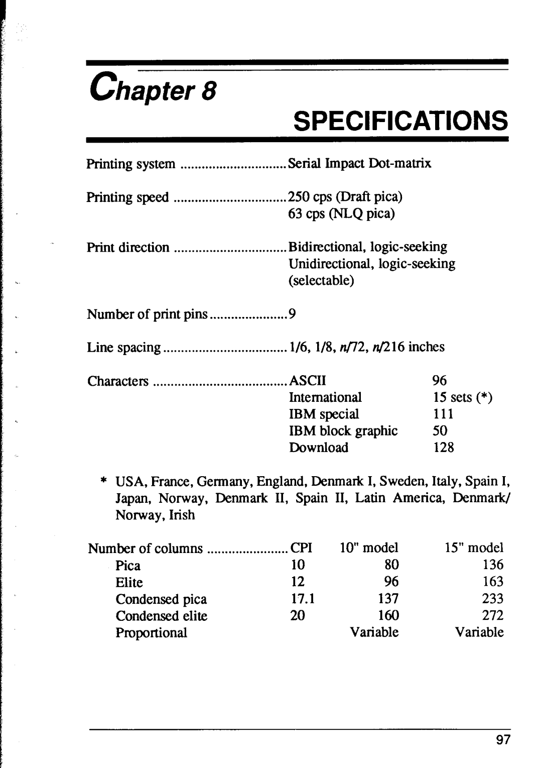 Star Micronics XR-1000 Speed, Print direction, Unidirectional, Print pins Line spacing, Characters, Number of columns 