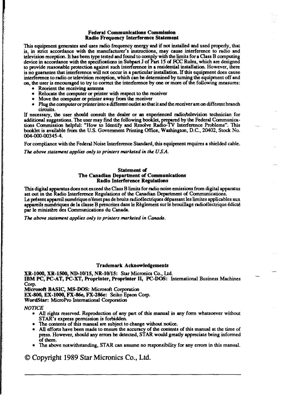 Star Micronics XR-1500, XR-1000 user manual Above sto~emm~ applies only to printers marketed in the USA 