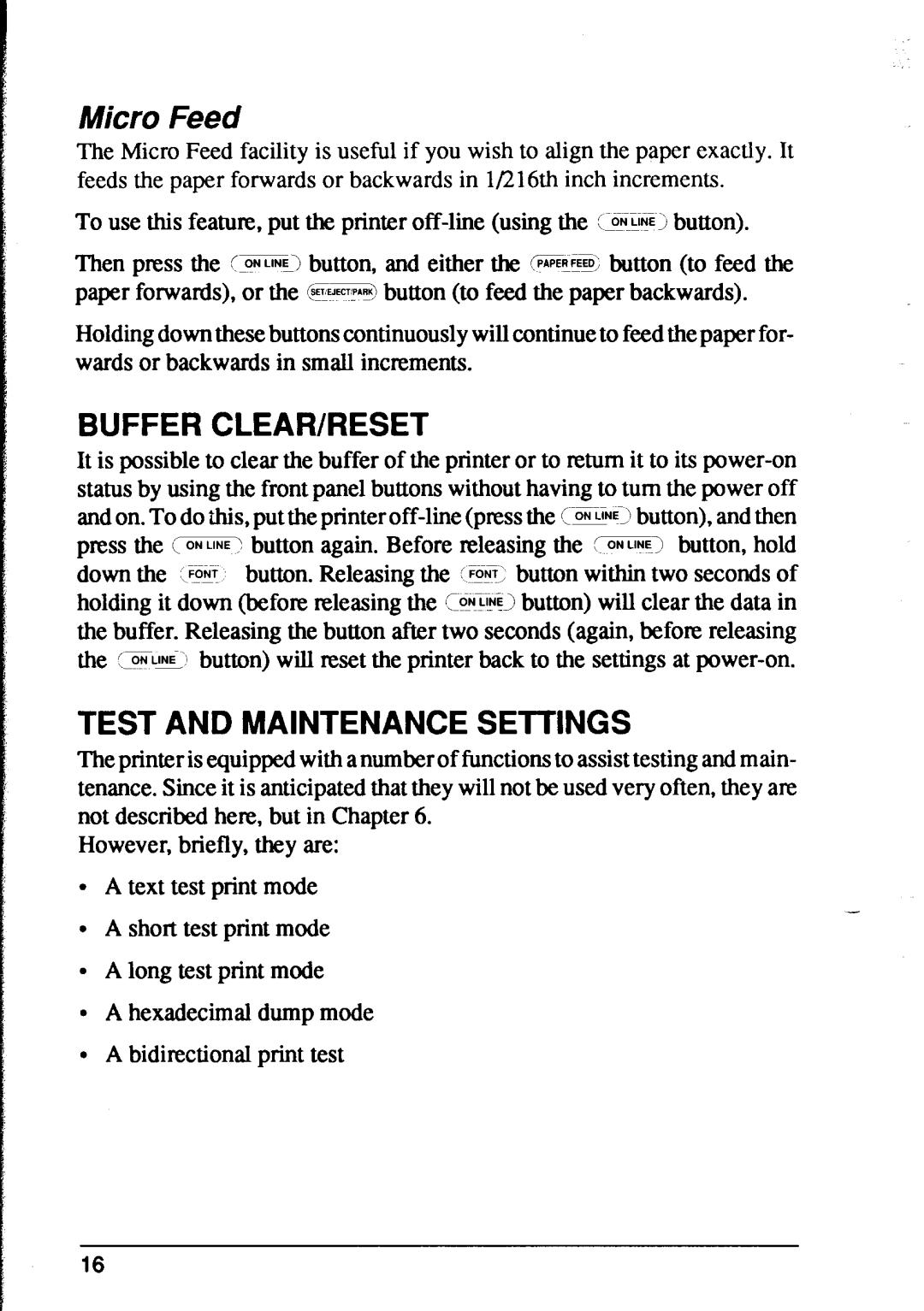 Star Micronics XR-1500, XR-1000 user manual Micro Feed, Buffer CLEAR/RESET, Test and Maintenance Settings 