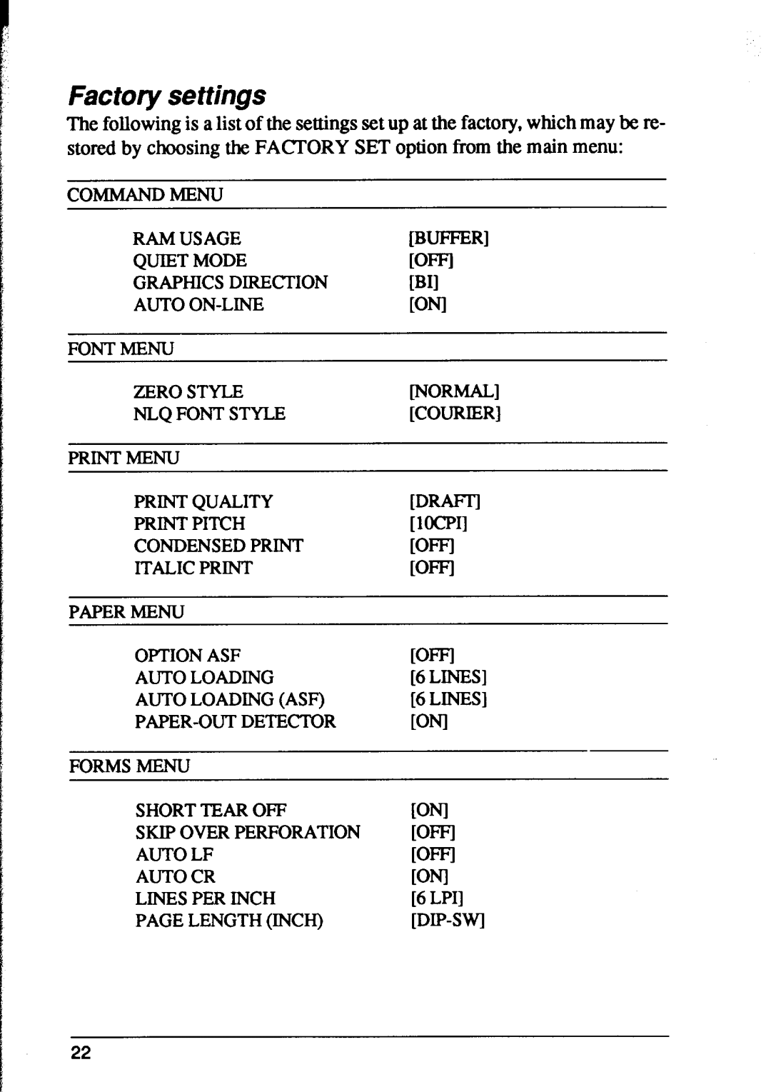 Star Micronics XR-1500, XR-1000 user manual Factory settings, Kni, Courier DRW, Offj WFI 