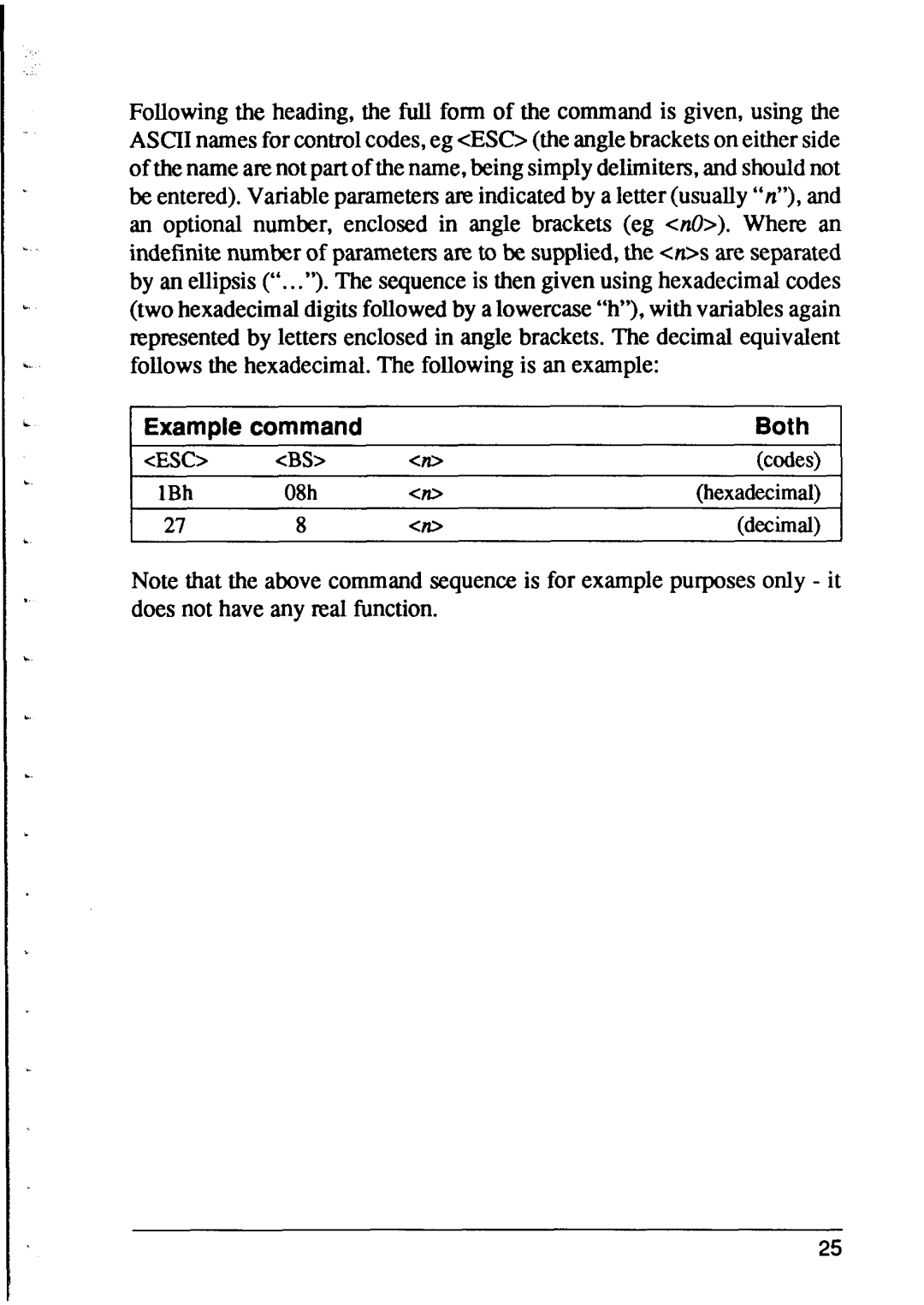 Star Micronics XR-1000, XR-1500 user manual Example command Both, Cesc, Cbs, Codes, 1Bh 08h Hexadecimal Decimal 