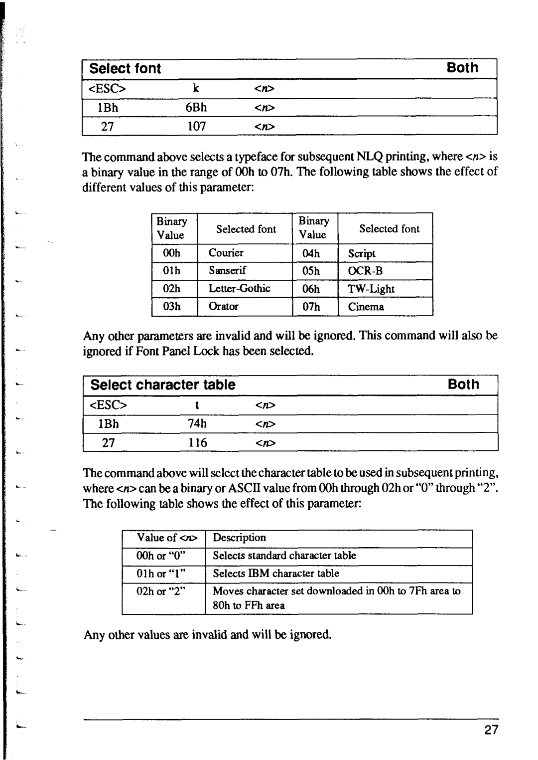 Star Micronics XR-1000, XR-1500 user manual Select font Both, Select character table Both, BiIliIIy, Value 