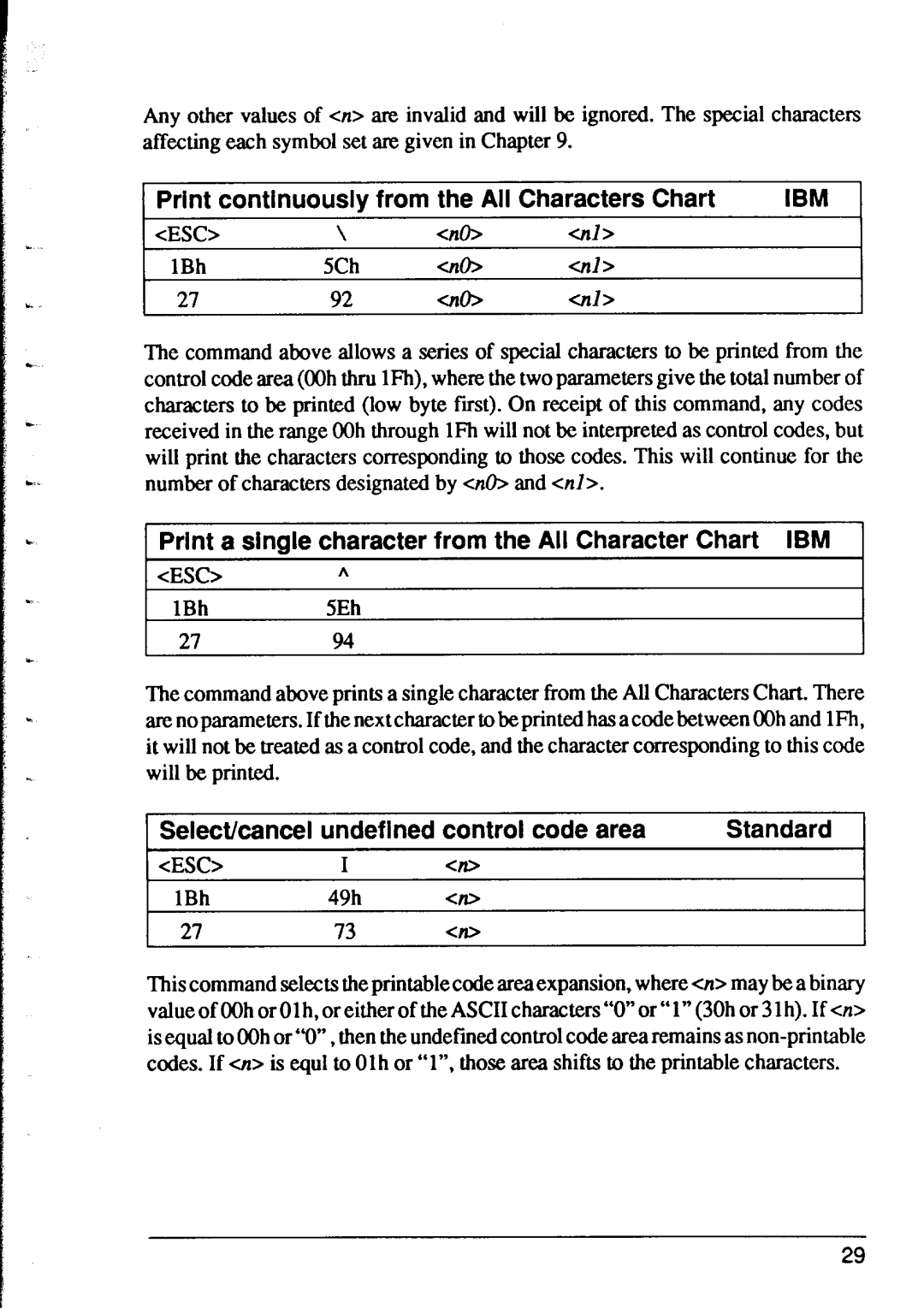 Star Micronics XR-1000, XR-1500 user manual Print continuously from the Ail Characters Chart, ES0\ 1Bh5Ch, CESC 1Bh 49h 