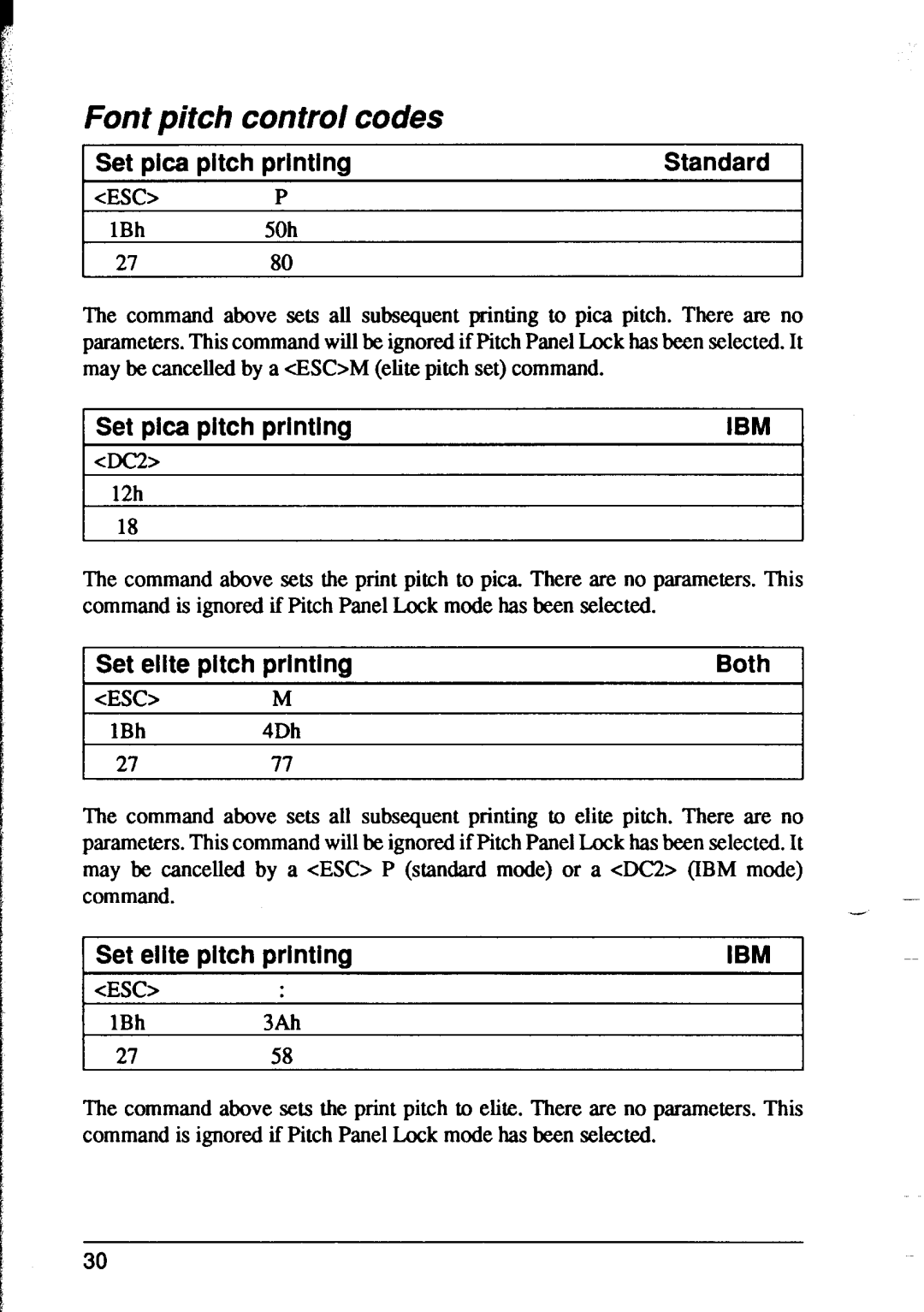 Star Micronics XR-1500 Font pitch control codes, Set pica pitch printing Standard Esc, 1Set elite pitch printing Both 