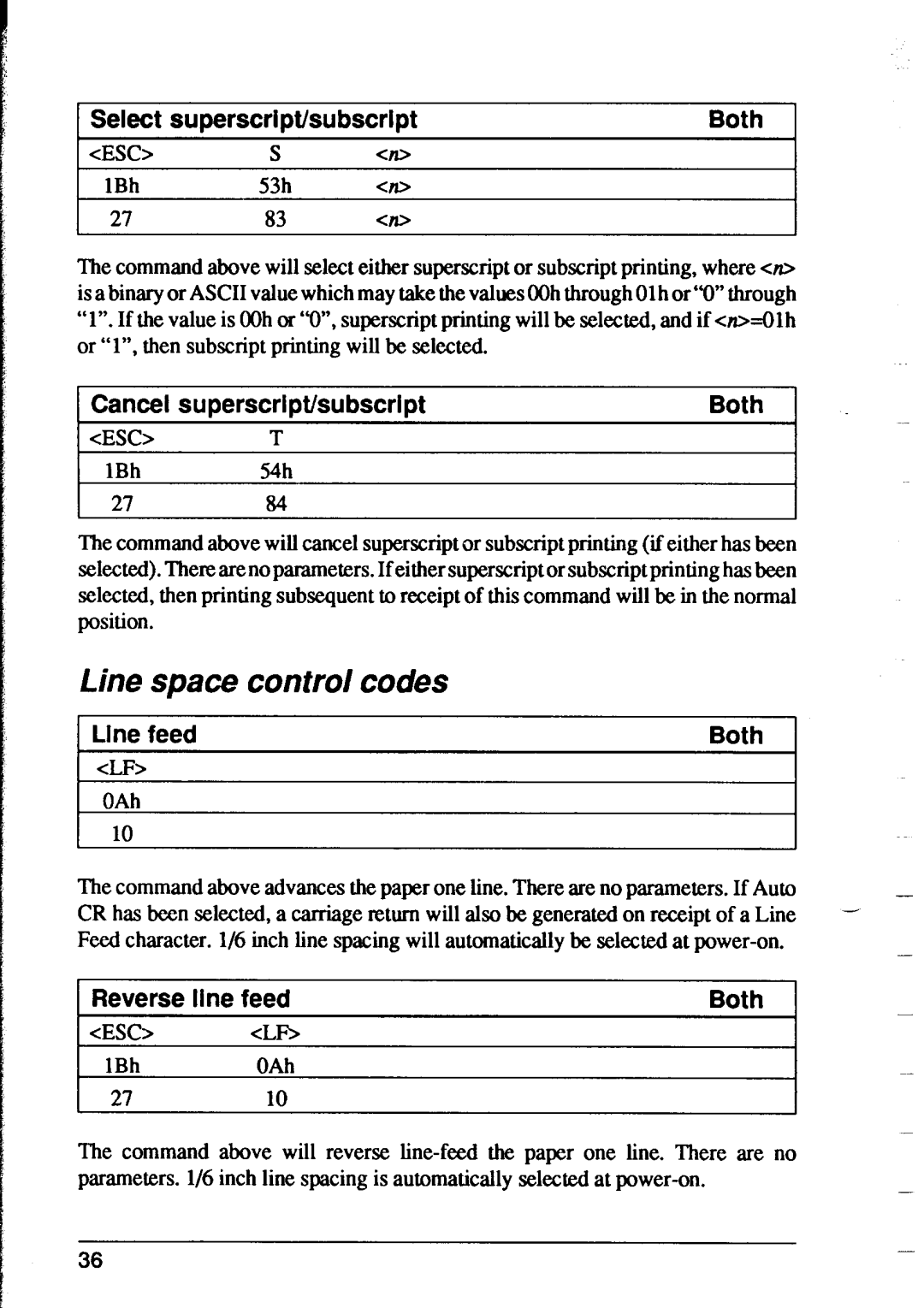 Star Micronics XR-1500 Line space control codes, Select superscript/subscript Both, Cancel superscript/subscript Both 