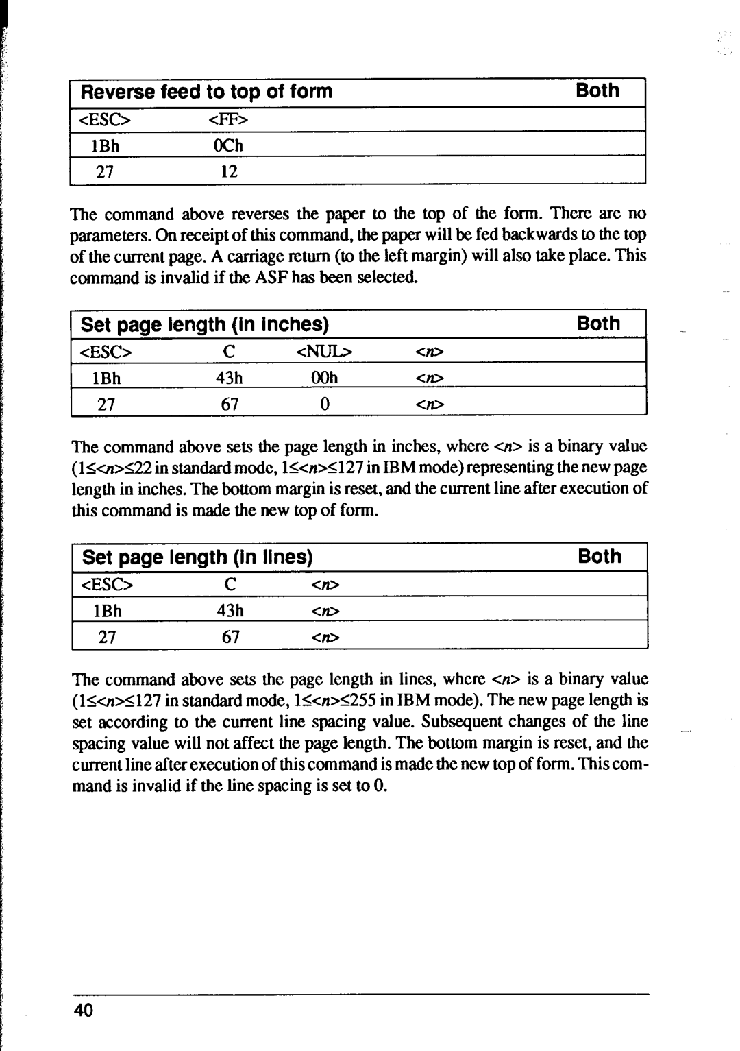 Star Micronics XR-1500 Reverse feed to top of form, Set page length in inches, Set page length in lines, ESC Cnulb CID 