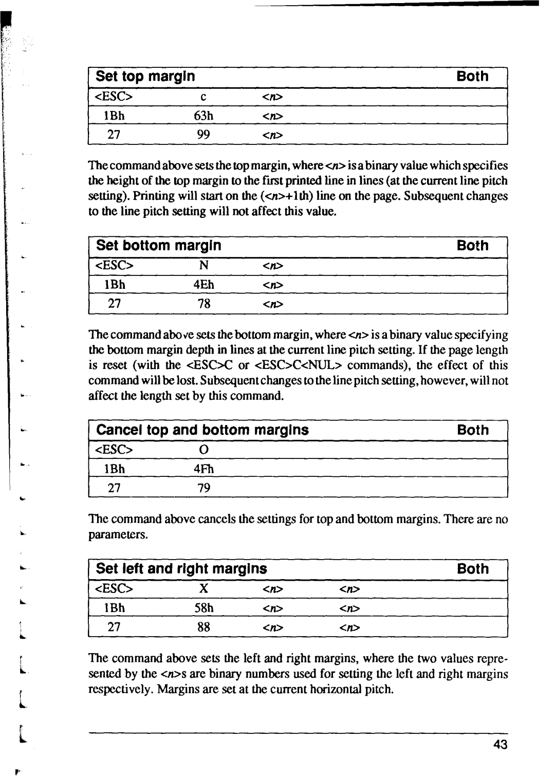 Star Micronics XR-1000, XR-1500 Set top margin Both, 1Set bottom margin Both, Cancel top and bottom margins Both, 1Bh 58h 