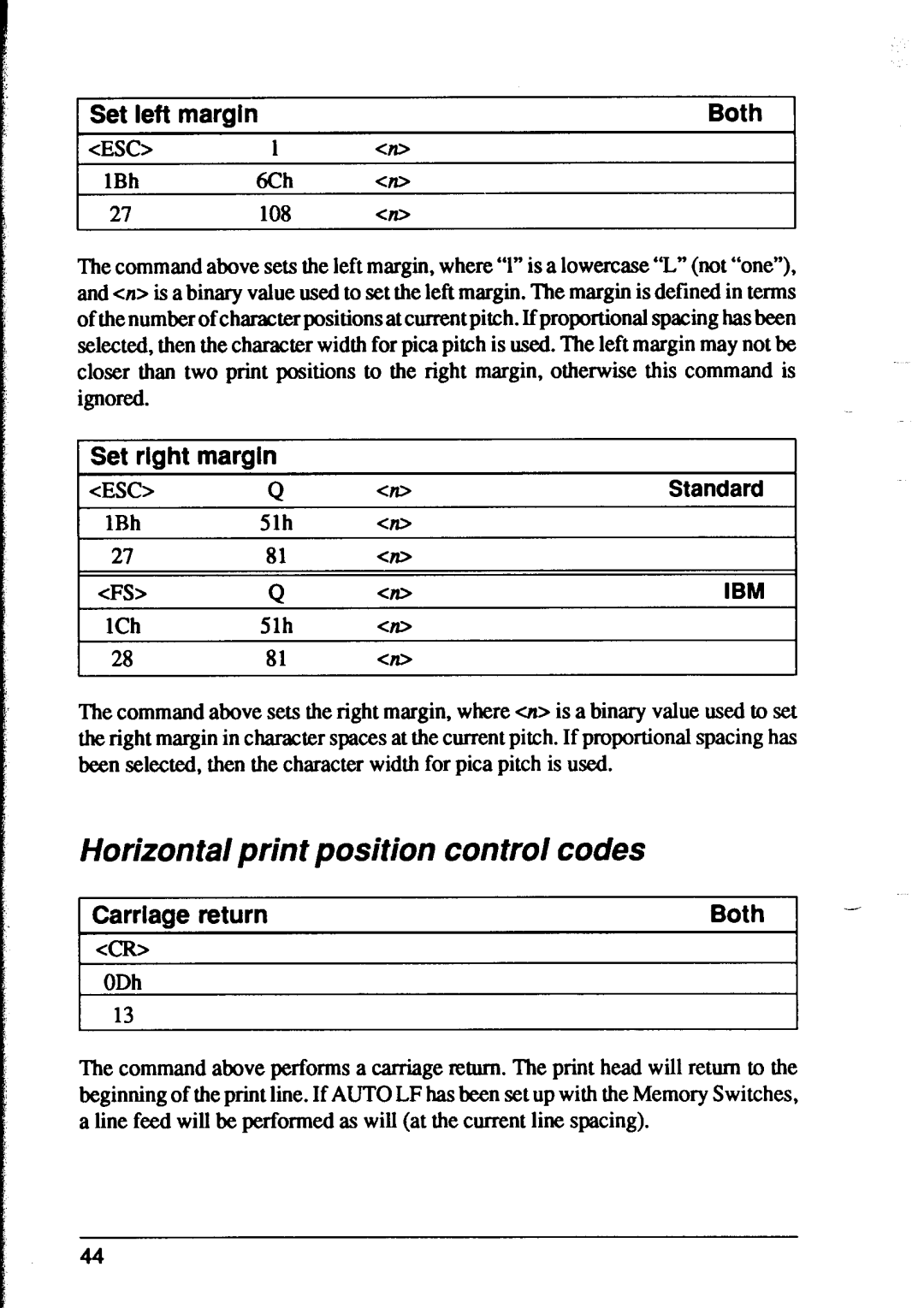 Star Micronics XR-1500, XR-1000 user manual Horizontal print position control codes, Set left margin Both, Set right margin 