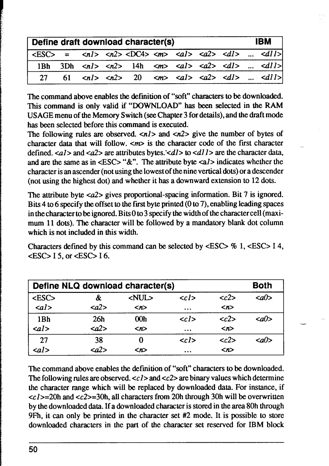 Star Micronics XR-1500, XR-1000 user manual 1Define draft download characters, 27 61 cd 012~ 20 em Cal a2 cdl ... cdlll 