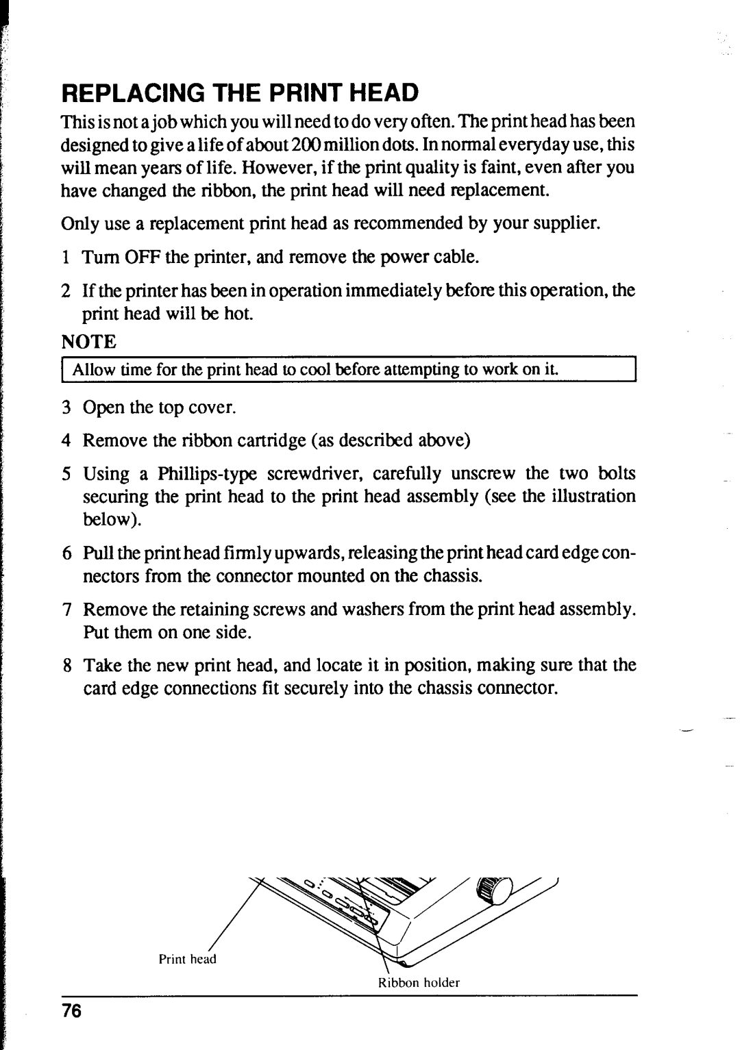 Star Micronics XR-1500, XR-1000 user manual Replacing the Print Head 