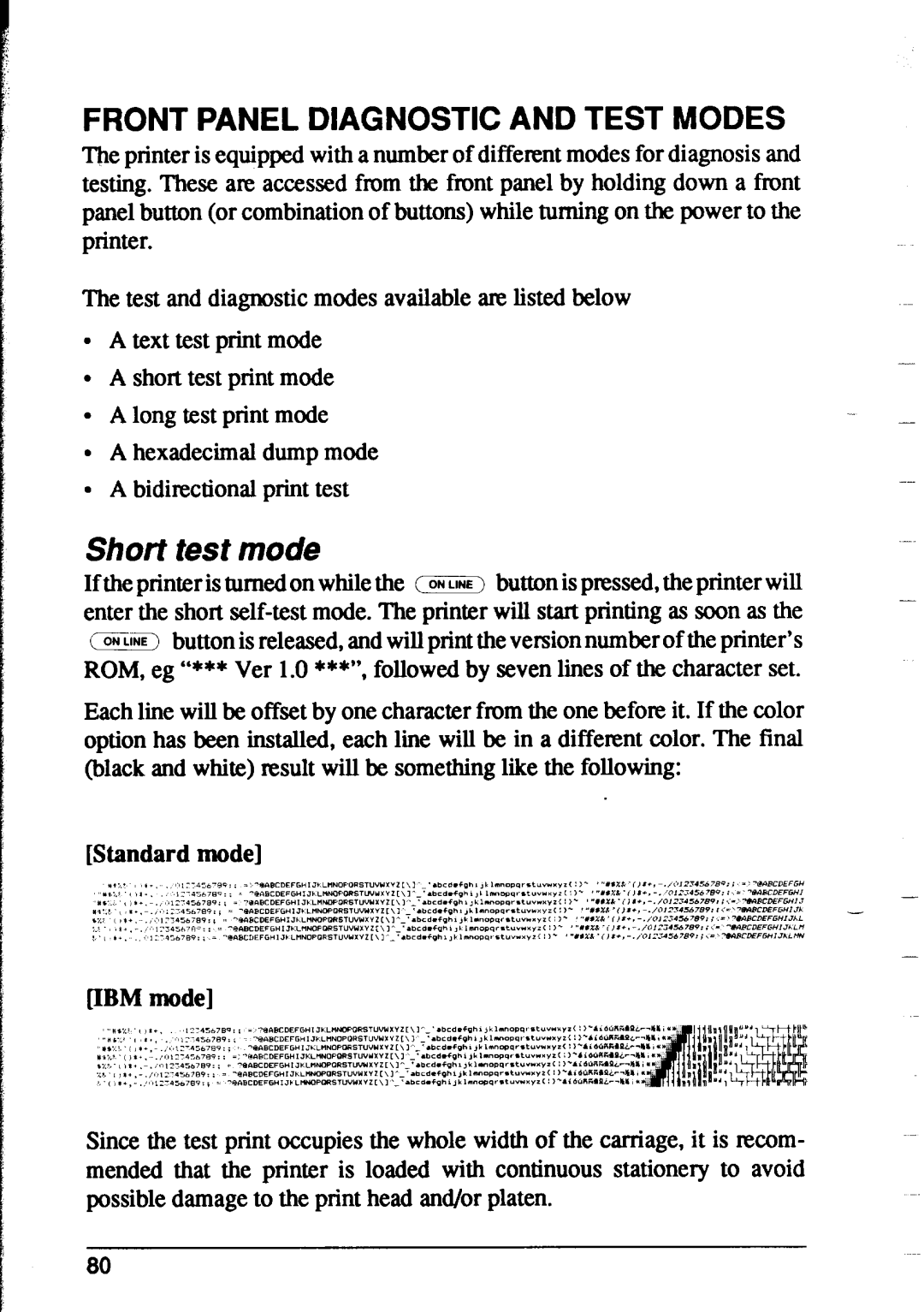 Star Micronics XR-1500, XR-1000 user manual Short test mode, Front Panel Diagnostic and Test Modes 