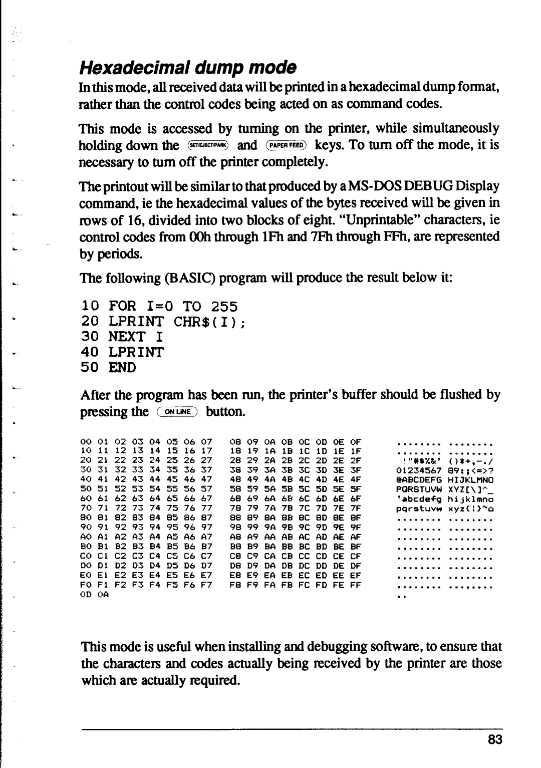 Star Micronics XR-1000, XR-1500 user manual Hexadecimal dump mode, Lprint CHR$I 