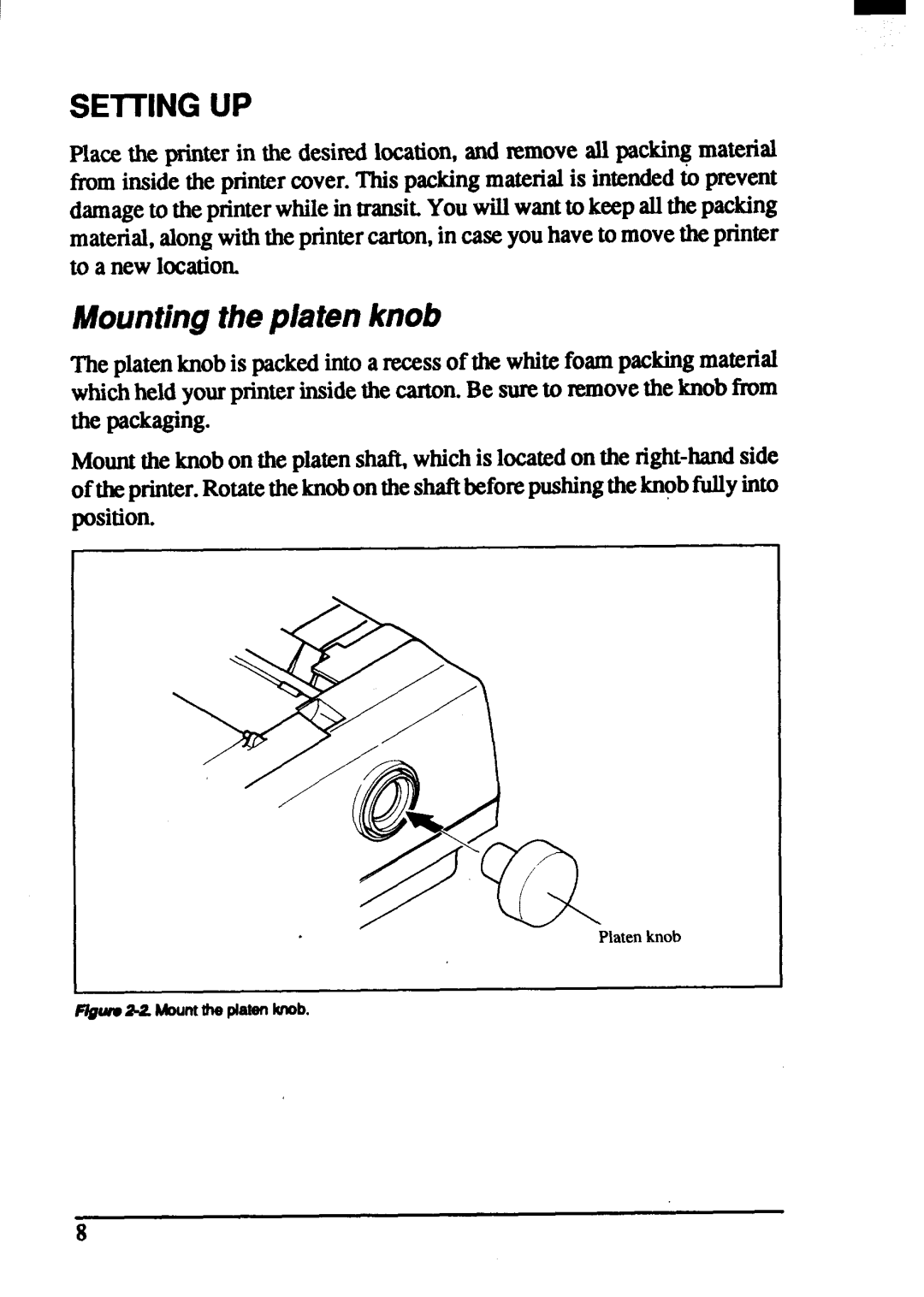 Star Micronics ZA-250, ZA-200 user manual SEIllNG UP, Mountingthep~atenknob 