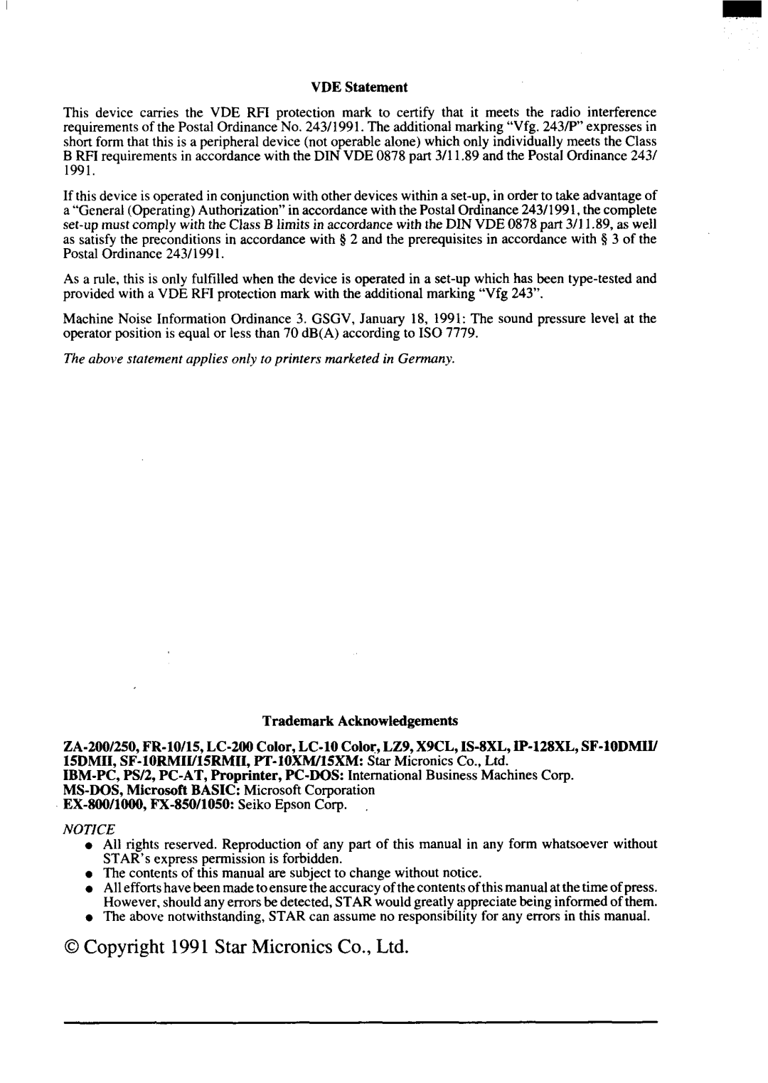 Star Micronics ZA-250, ZA-200 user manual VDE Statement 