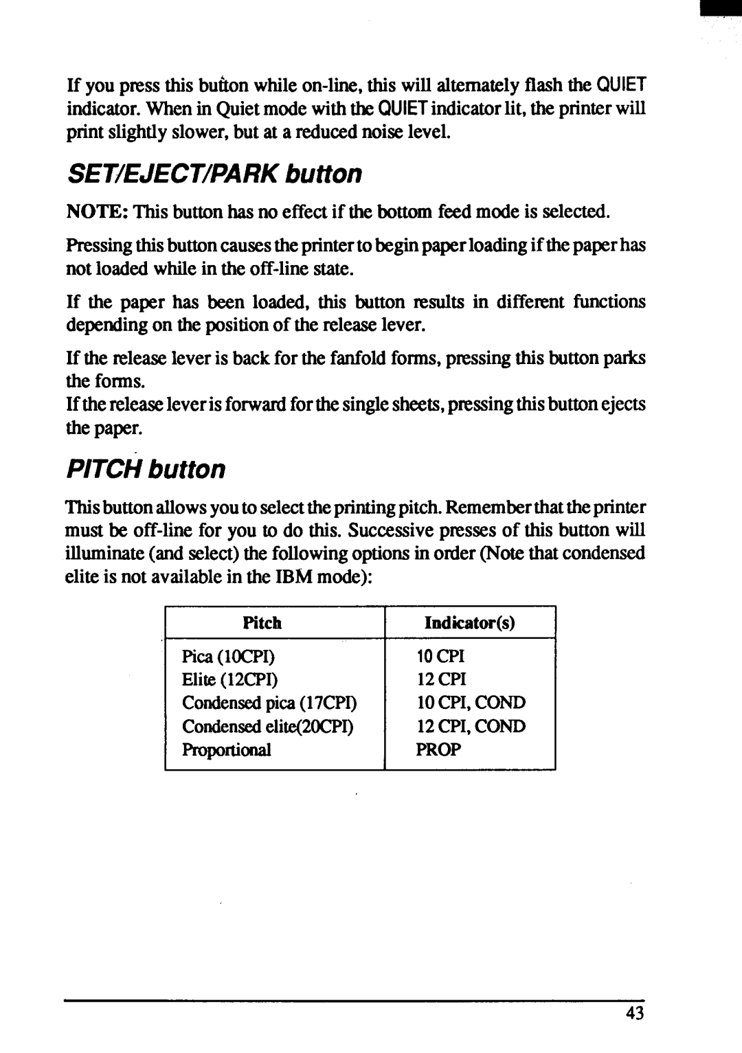 Star Micronics ZA-200, ZA-250 user manual SETIEJECT/PARKbutton, PITCHbutton 