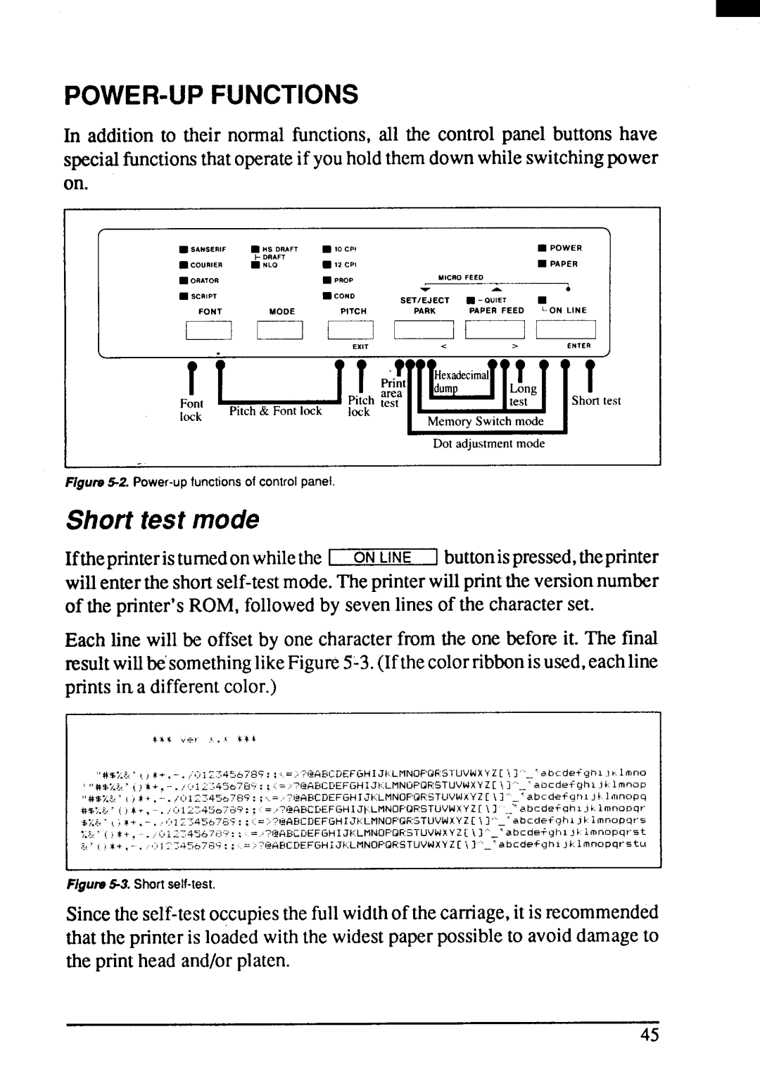 Star Micronics ZA-200, ZA-250 user manual Power-Upfunctions, Short test mode 