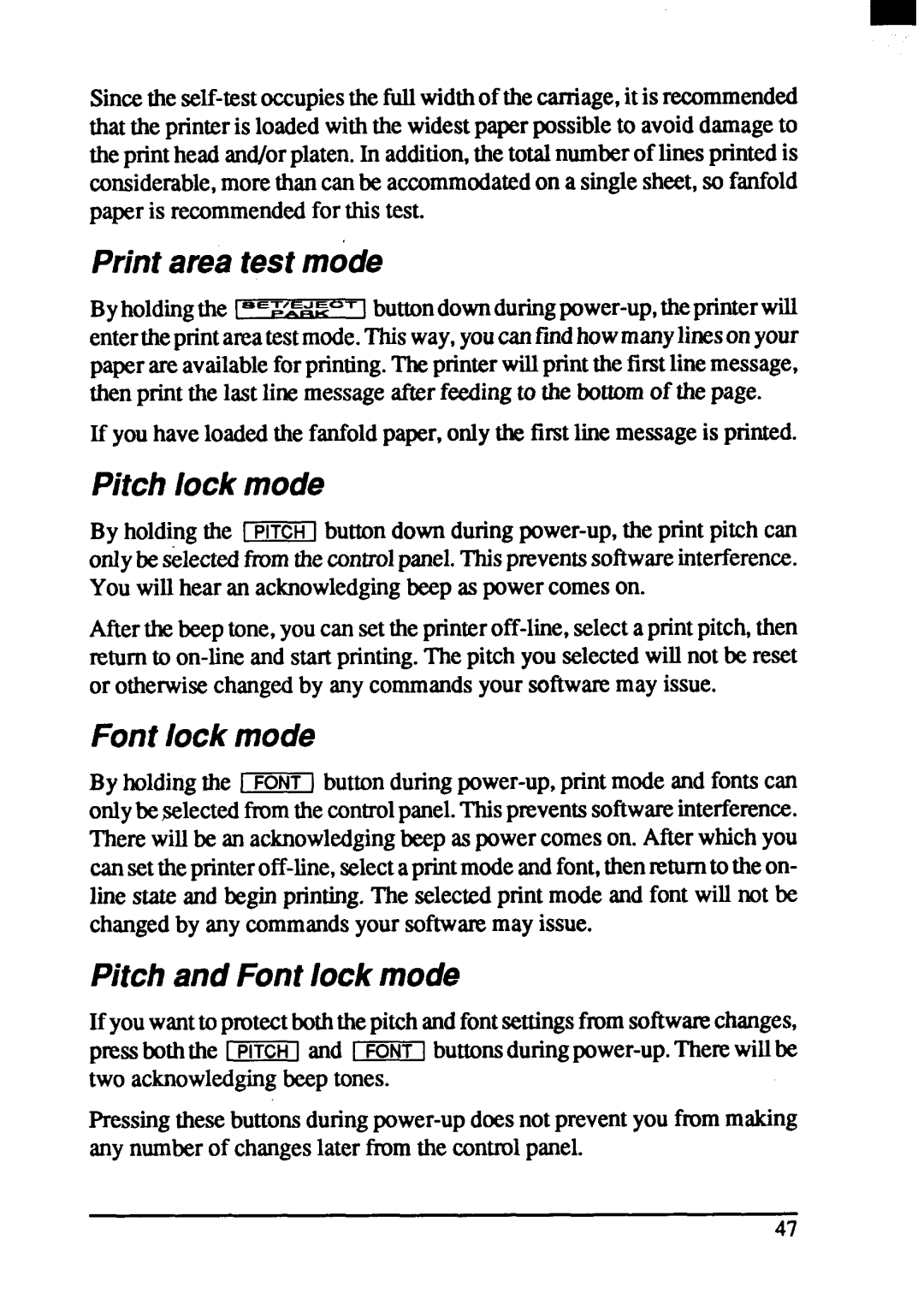 Star Micronics ZA-200, ZA-250 user manual Print area test mode, Pitch lock mode, Pitch and Font lock mode 