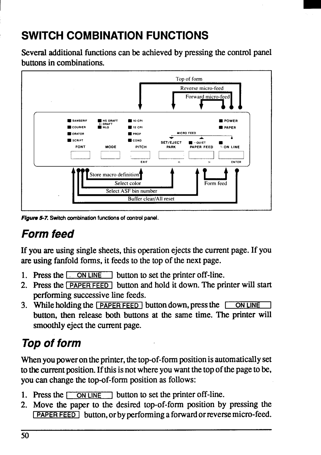 Star Micronics ZA-250, ZA-200 user manual Switchcombinationfunctions, Form feed, Topof form 