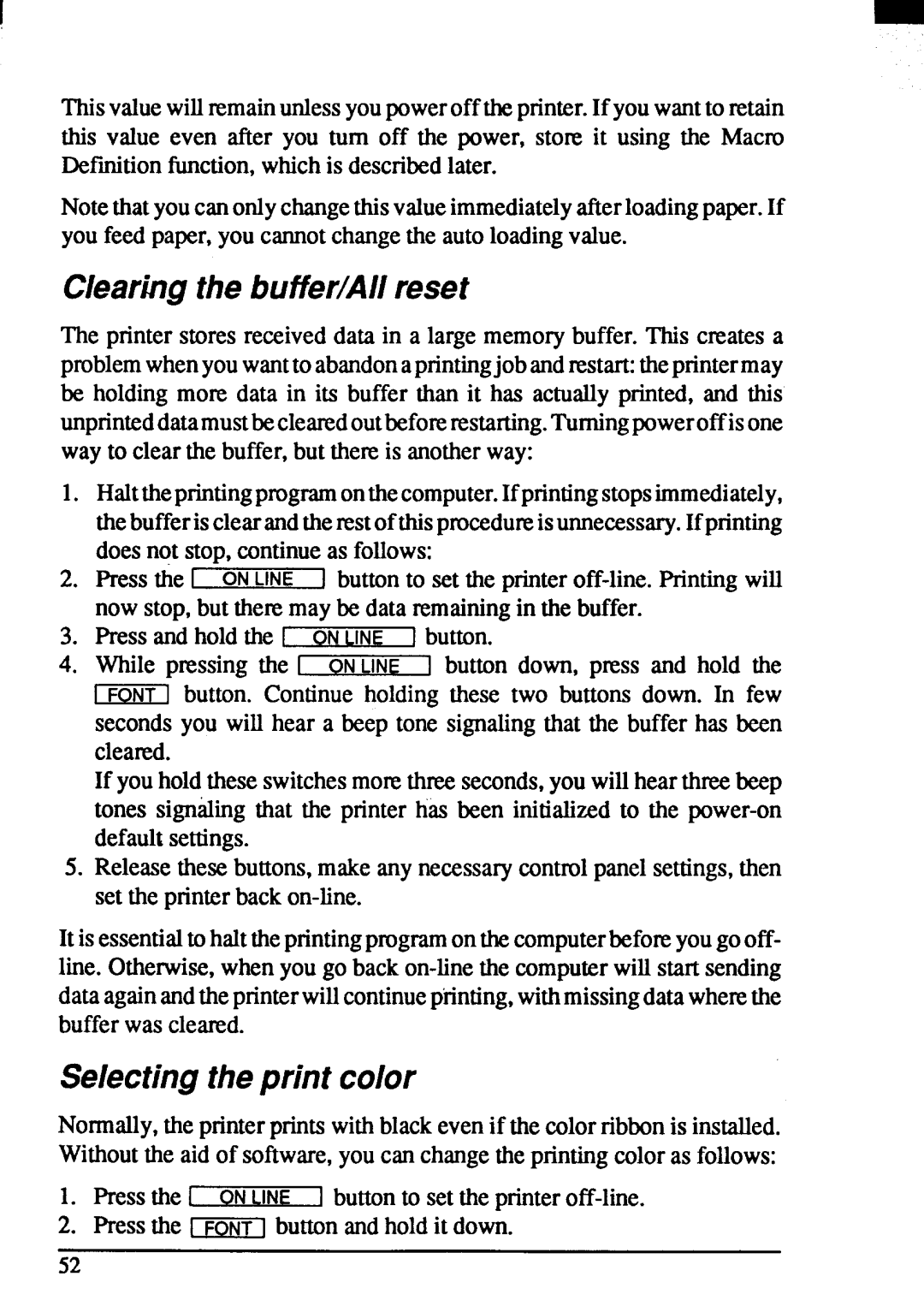 Star Micronics ZA-250, ZA-200 user manual Clearingthe buffer/Allreset, Selectingtheprint color 