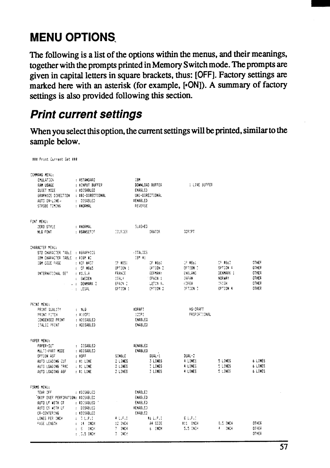 Star Micronics ZA-200, ZA-250 user manual Menuoptions, Print currentsettings 